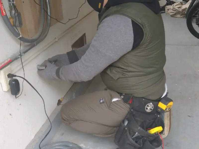 Electrician performing outlet wiring in a Hillandale garage